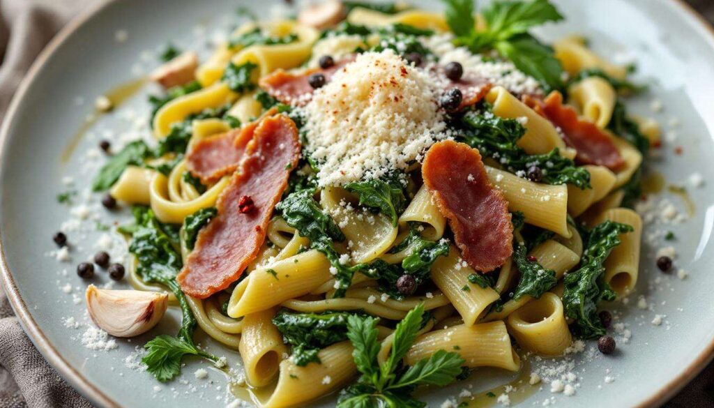 Pasta con crema di cavolo nero e guanciale