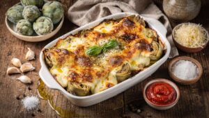 Parmigiana di carciofi senza friggere: strati filanti pronti al forno in 40 minuti