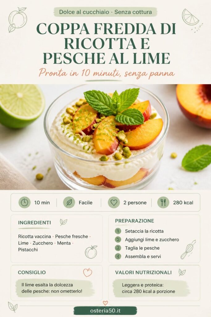 Coppa fredda di ricotta e pesche al lime con granella di pistacchio e menta fresca
