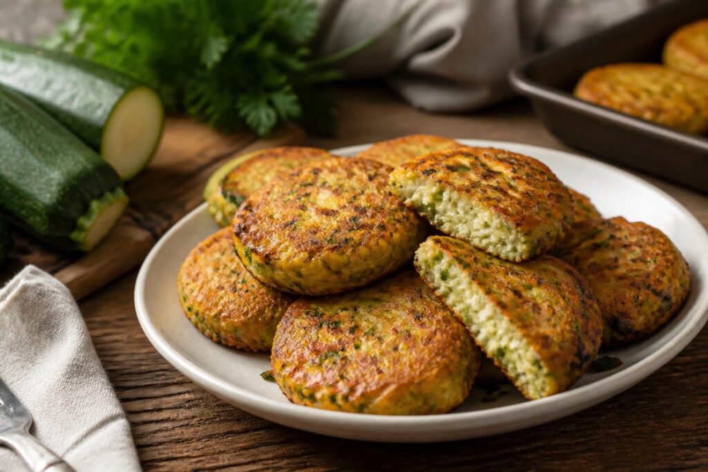 Rösti di zucchine e formaggio al forno dorati e croccanti su carta forno, visti dall'alto su tagliere di legno rustico