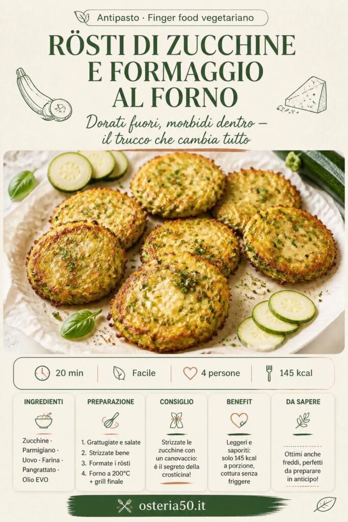 Rösti di zucchine e formaggio al forno dorati su carta forno, vista dall'alto