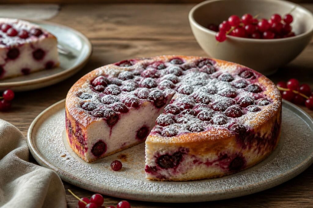 Sformato di ricotta e ribes rosso senza farina su piatto bianco, decorato con grappoli freschi di ribes e zucchero a velo