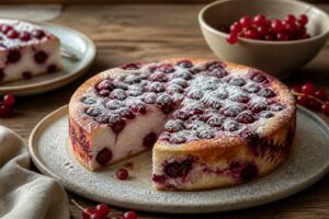 Sformato di ricotta e ribes rosso senza farina su piatto bianco, decorato con grappoli freschi di ribes e zucchero a velo