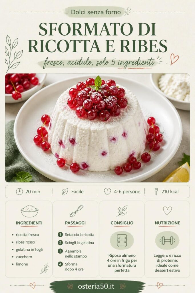 Sformato di ricotta e ribes senza farina su piatto bianco con grappoli freschi di ribes rosso