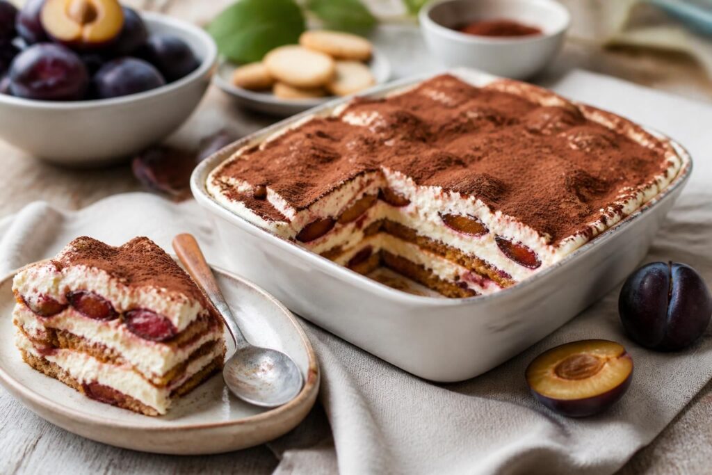 Tiramisù alle prugne senza uova e caffè in una pirofila bianca, con strati di crema al mascarpone e prugne fresche a fette, servito su un tavolo di legno chiaro