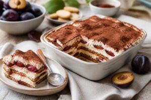 Tiramisù alle prugne senza uova e caffè in una pirofila bianca, con strati di crema al mascarpone e prugne fresche a fette, servito su un tavolo di legno chiaro