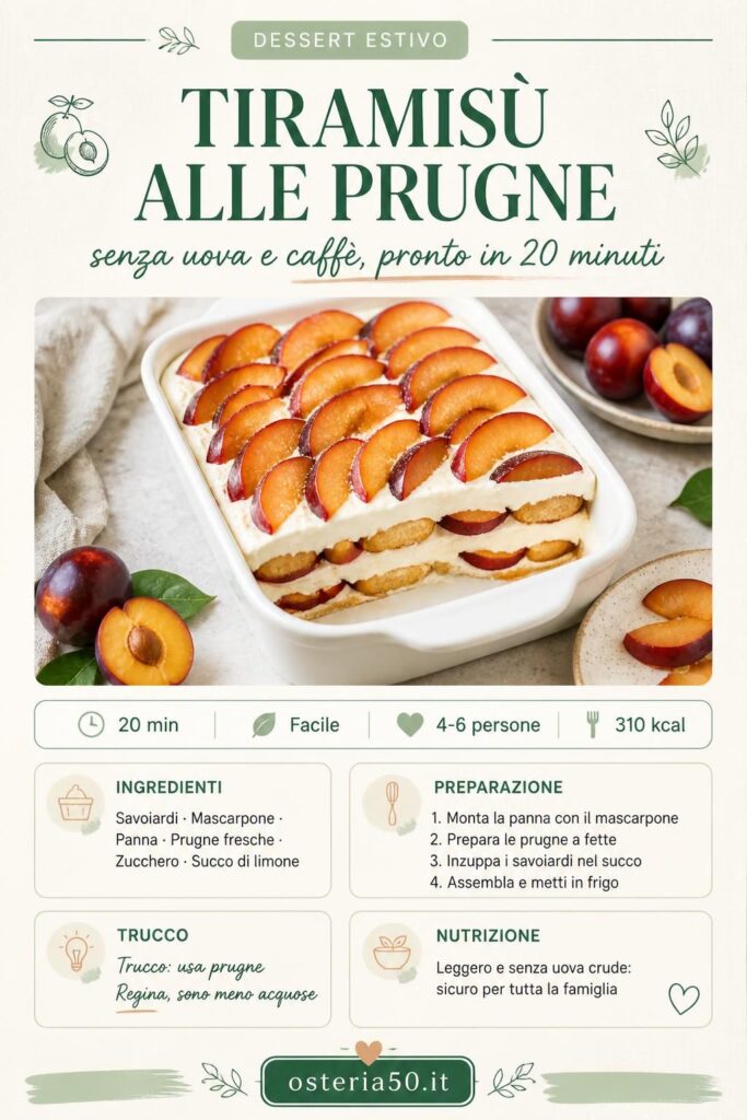 Tiramisù alle prugne senza uova e caffè in pirofila bianca, con strati di crema e prugne fresche a fette