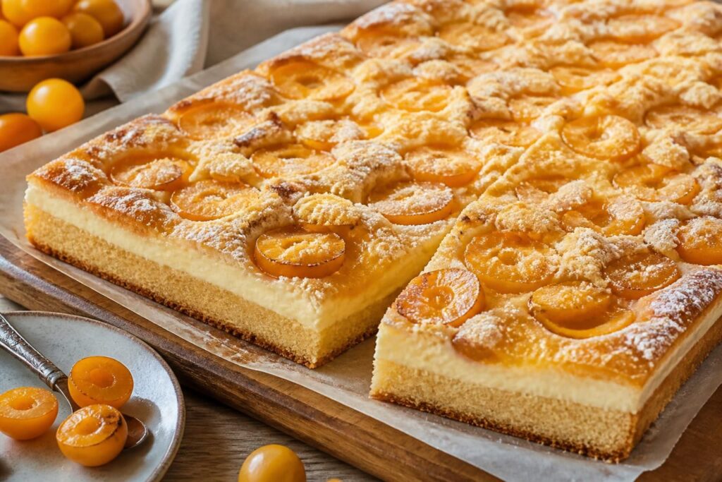 Torta di mirabelle e crema in teglia vista dall'alto, base dorata e croccante, mirabelle gialle lucide su crema pasticcera densa
