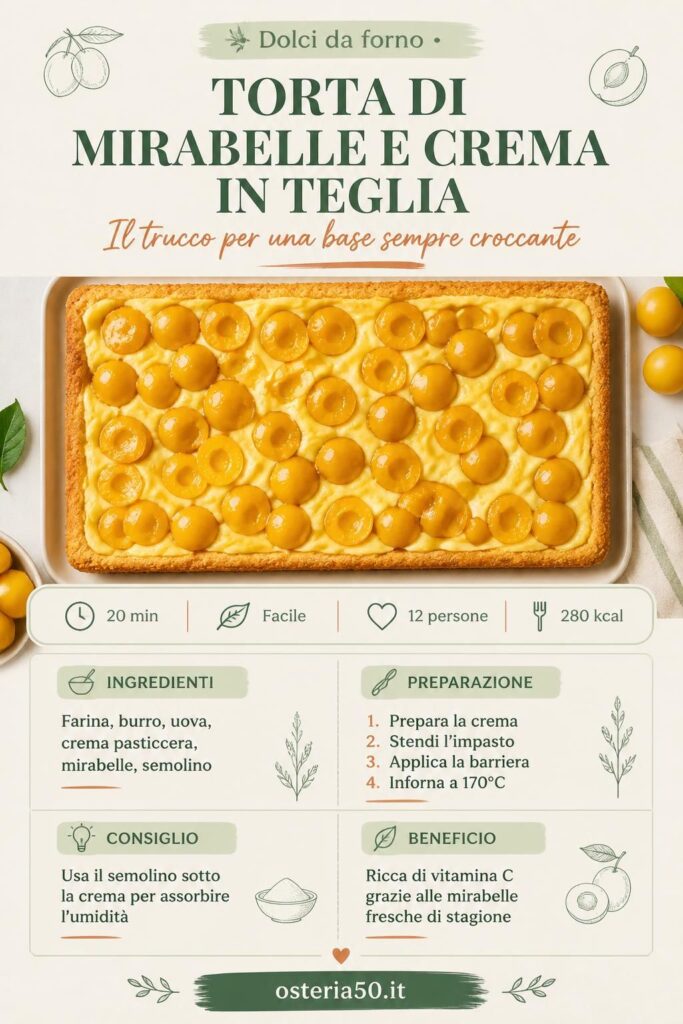 Torta di mirabelle e crema in teglia con base dorata e croccante, vista dall'alto