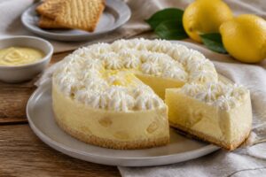 Torta fredda al limone con crema pasticcera senza gelatina, vista al taglio con ripieno compatto e base di biscotti croccante