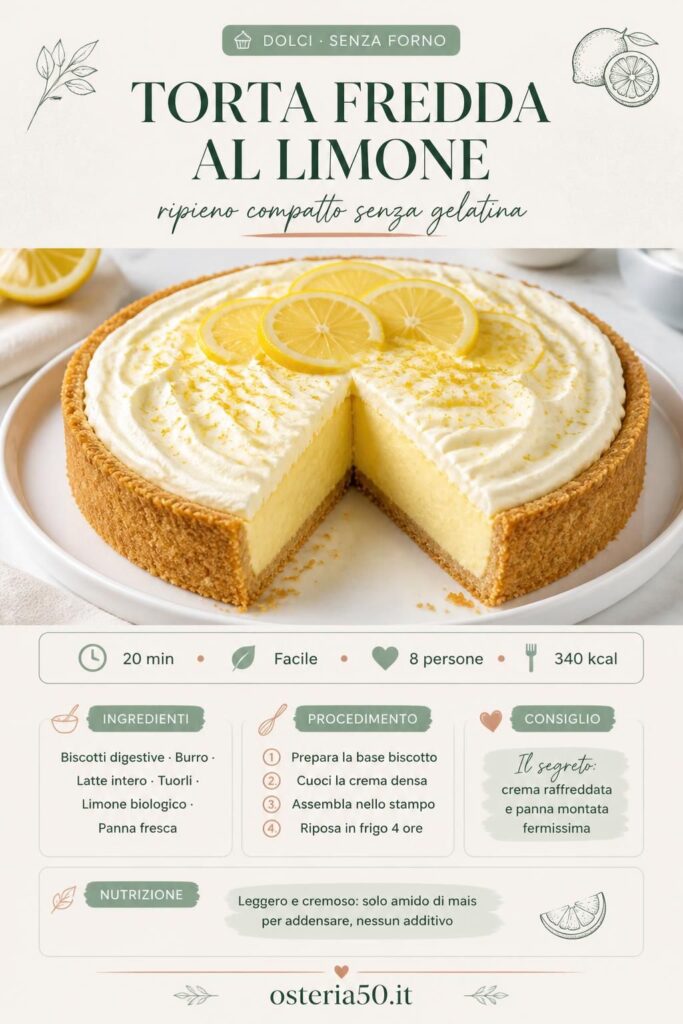 Torta fredda al limone con crema pasticcera senza gelatina, vista al taglio con ripieno compatto