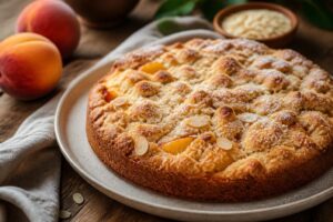 Torta sbriciolata alle pesche e mandorle su carta da forno, con briciole dorate e fette di pesca fresca in vista, fotografata dall'alto su un tavolo di legno chiaro