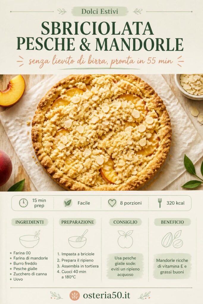 Torta sbriciolata alle pesche e mandorle su carta da forno, vista dall'alto, con briciole dorate e fette di pesca fresca